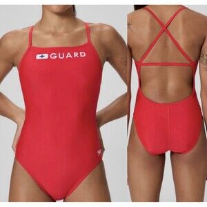 SPEEDO Guard Swimsuit Red Strappy Back Size M